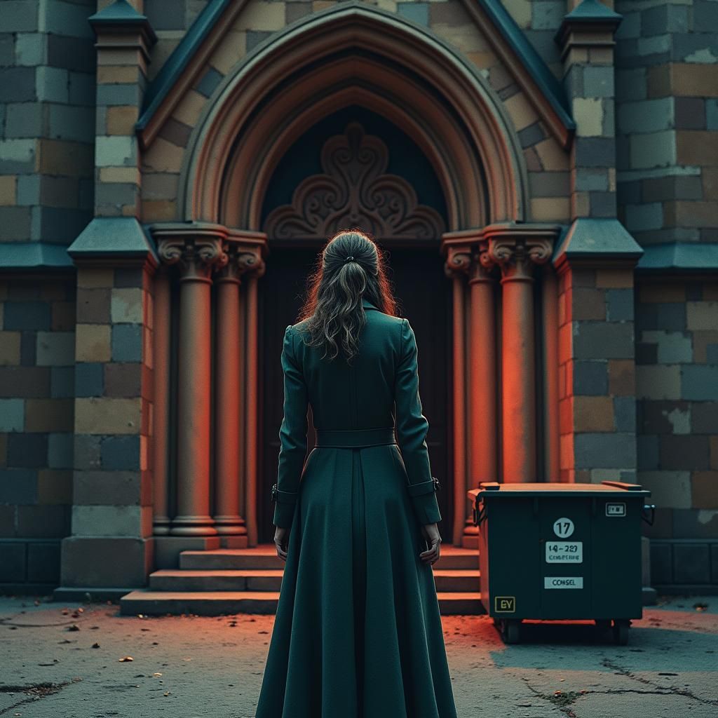 Ornate Woman Juxtaposes Sacred and Mundane, Gothic Art