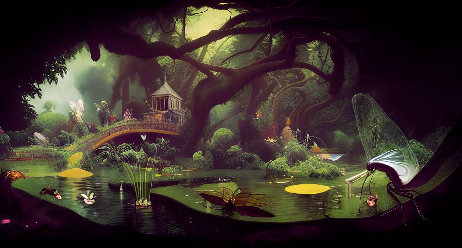 Lush Garden with Country House in Surreal Style