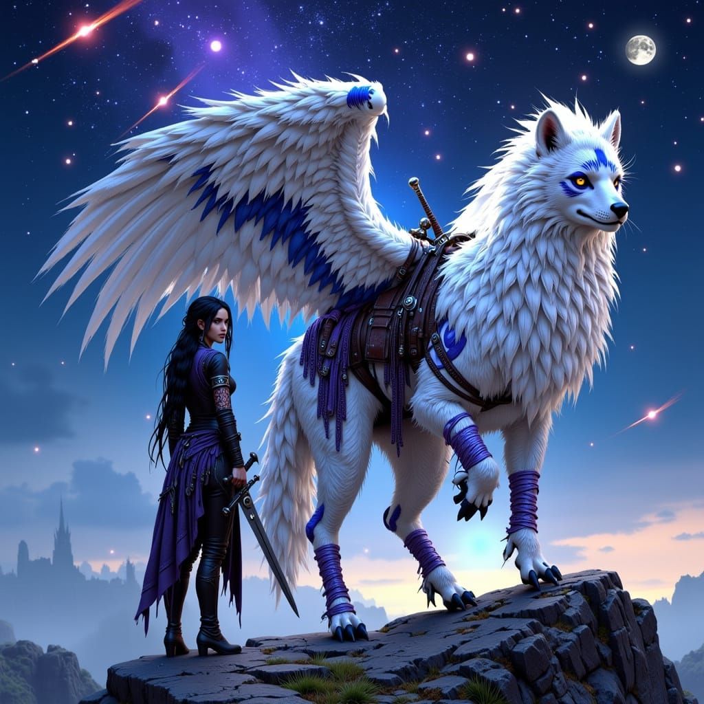Warrior Woman and Griffin in Fantasy Scene