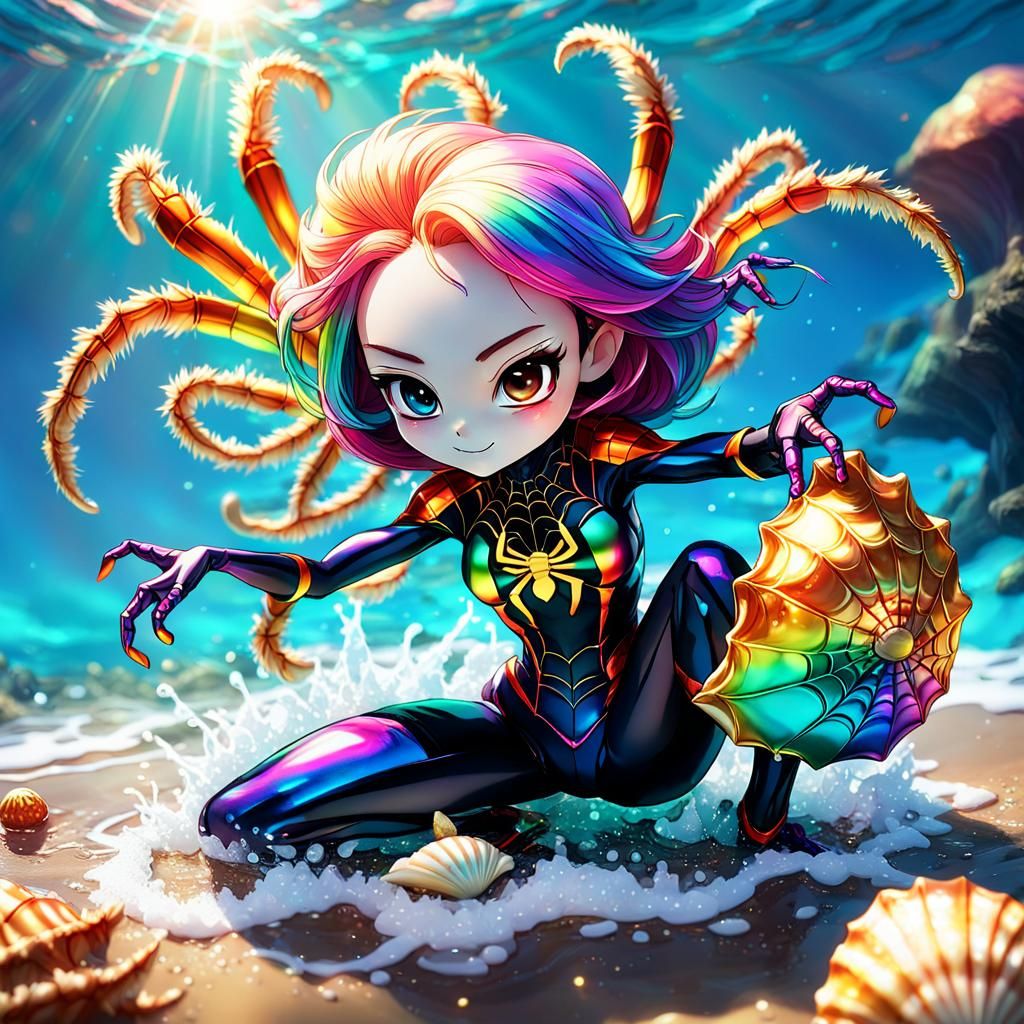 Spider Girl Playing with Seashell in 3D Anime Art