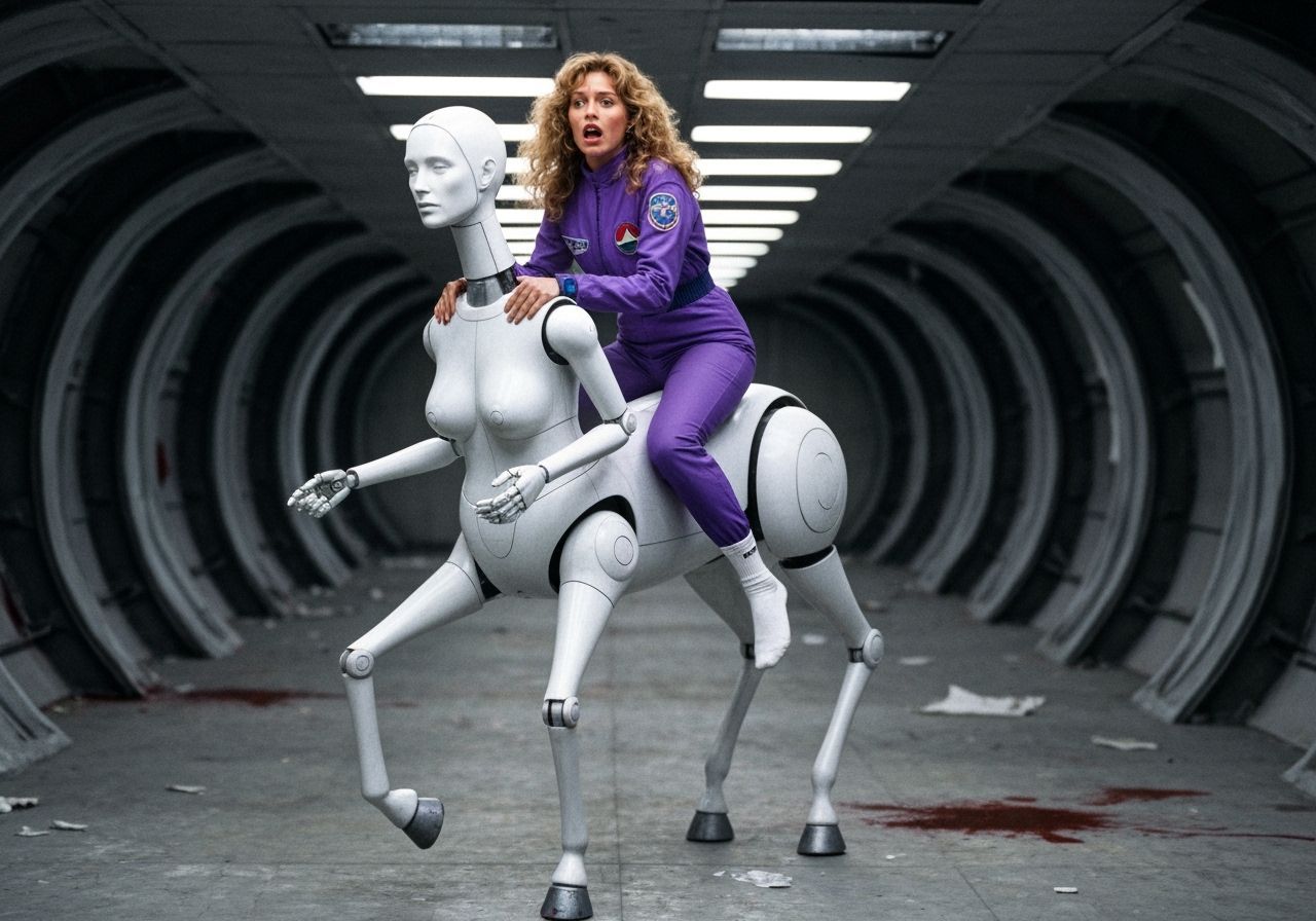 Frightened Woman Rides Robot Centaur in Sci-Fi Base
