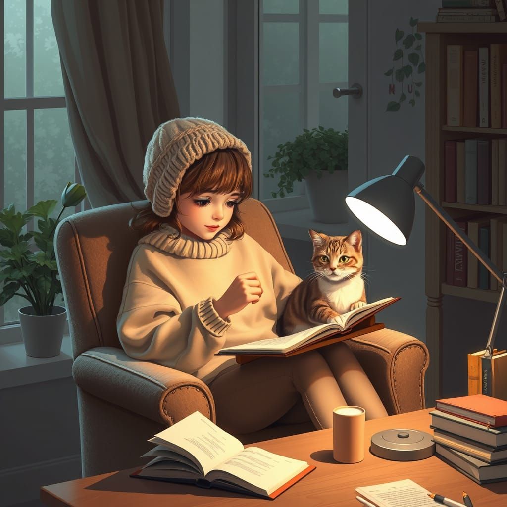 Cozy Study Scene with Girl and Cat in Lofi Ambiance