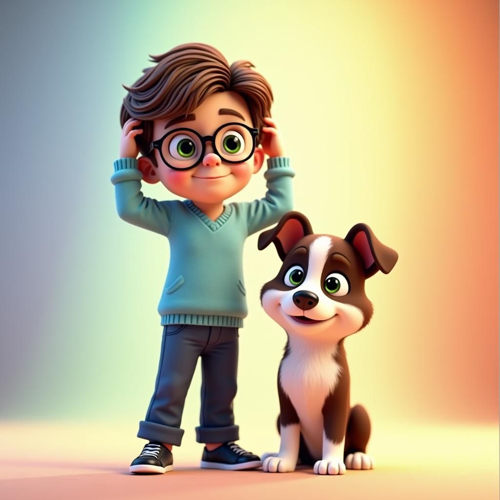 Boy with Border Collie Puppy in Pixar Style