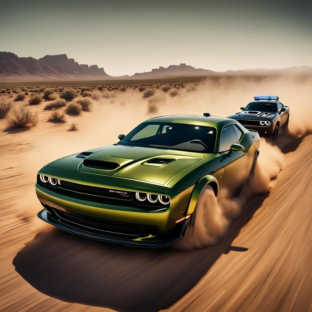Desert Car Chase: Green Dodge Challenger Hellcat