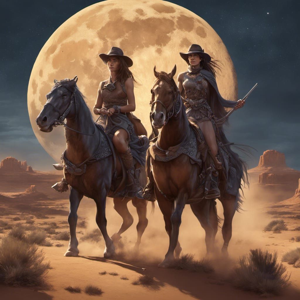 Outlaws Ride Horses Under Starry Desert Sky