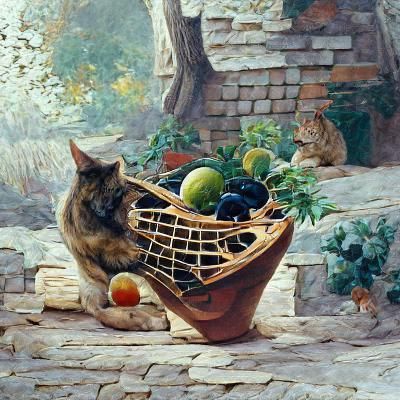 Cat in Fruit Basket: Oil Painting by Gurney Style