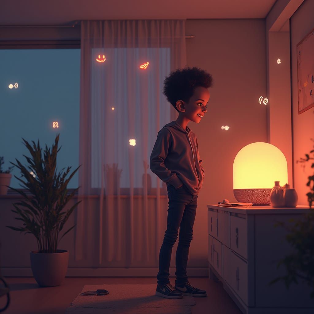 Person Talking to Smart Speaker in Futuristic Home