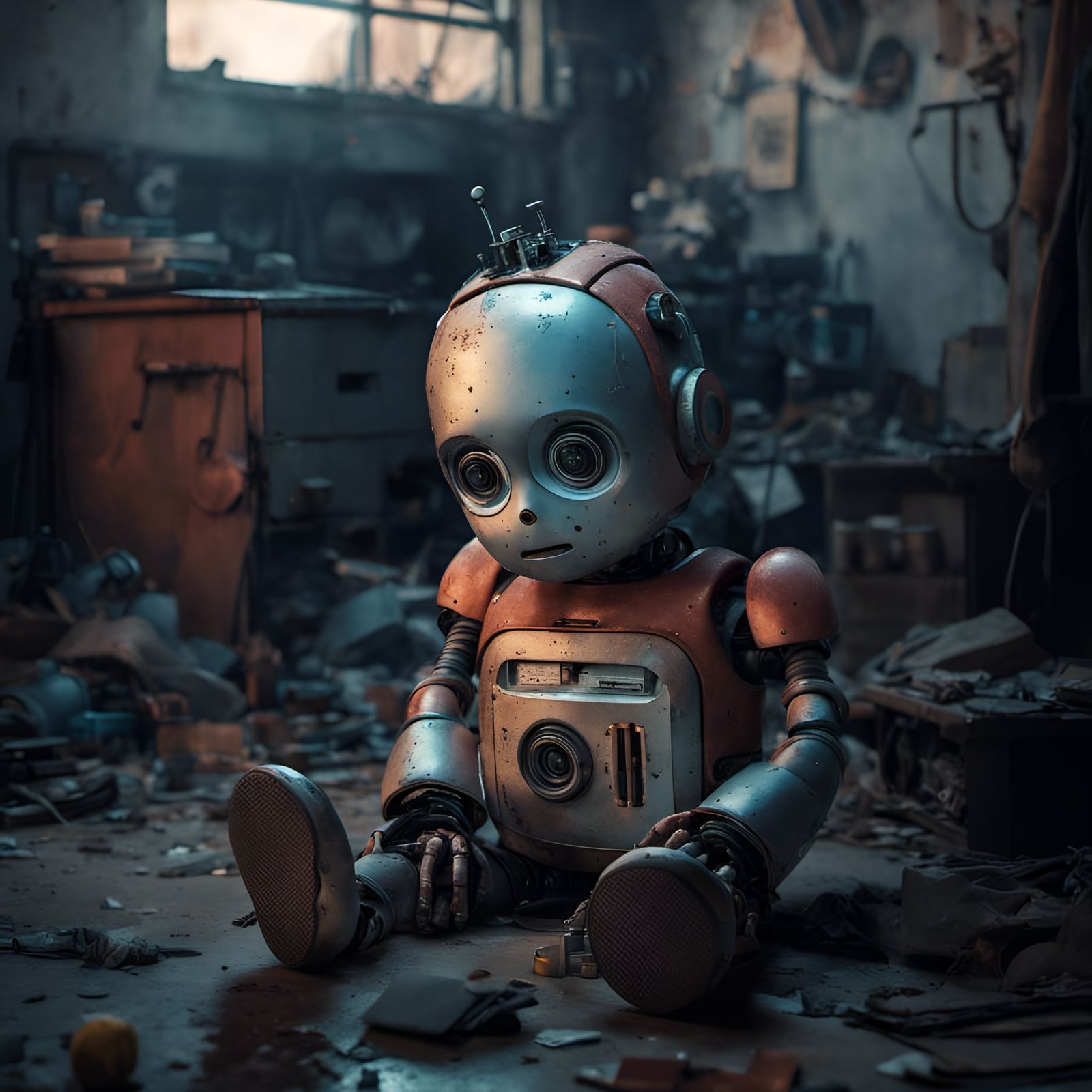 Sad Robot Boy in Abandoned Room: Ultra Realistic Render
