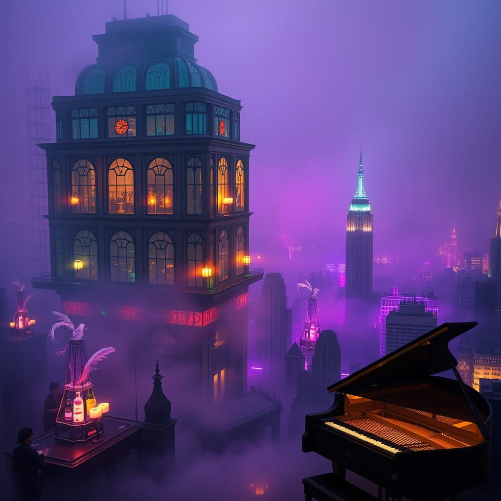 Surreal Floating Speakeasy in Dreamlike New York City Skylin...