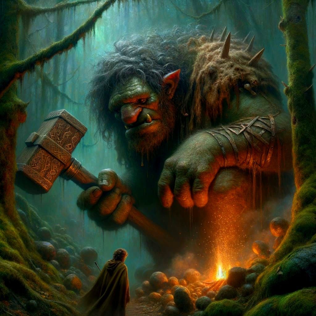 Troll Slumbers in Mossy Cave, Hobbit Sneaks Near