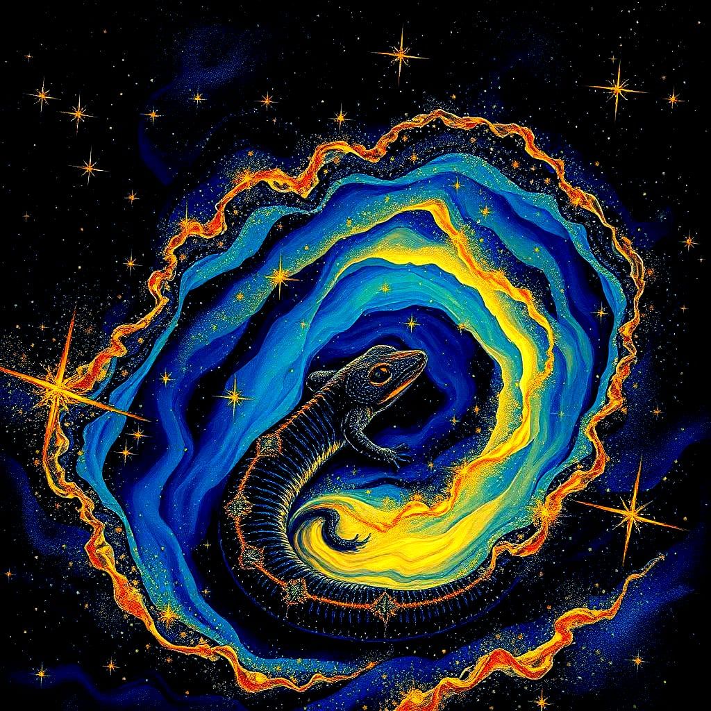 Cosmic Salamanders Emerge in Expressionistic Astral Illustra...