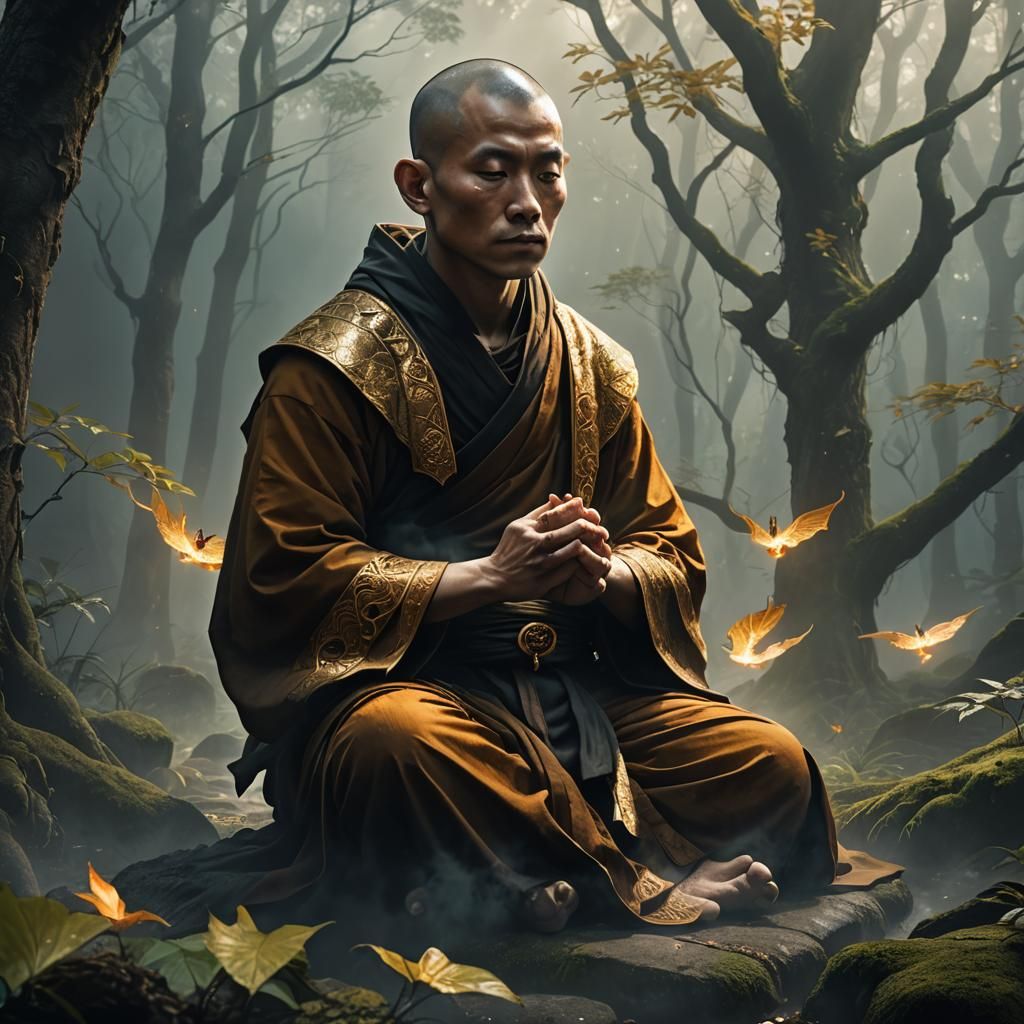 Dragon Monk Meditating in Misty Forest