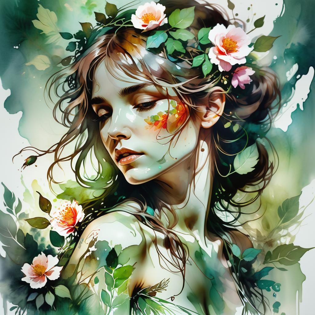 Floral Woman: Watercolor Double Exposure Portrait