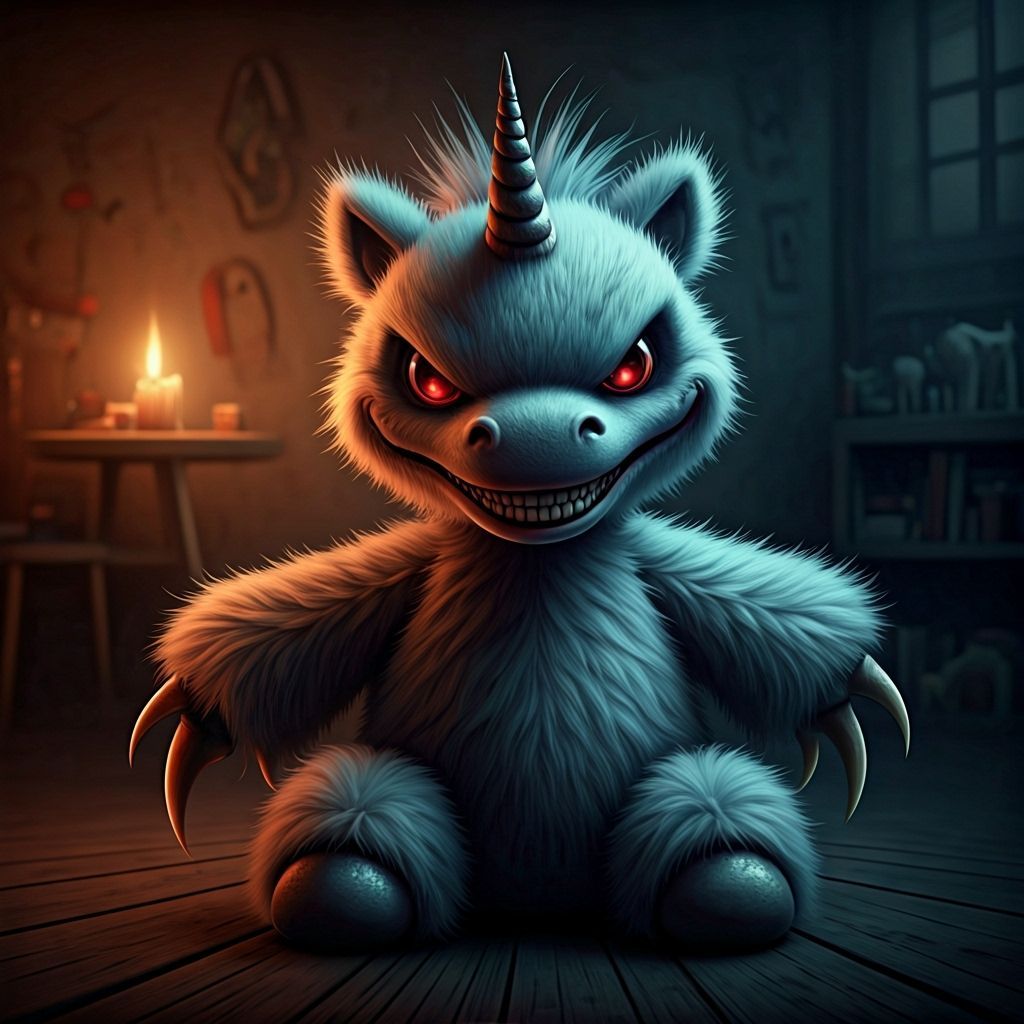 Creepy Unicorn Toy with Evil Eyes in Dark Fantasy Art