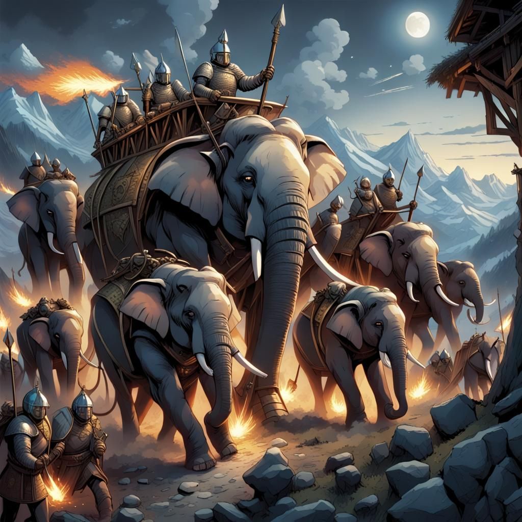 Armored Elephants Marching to War at Night