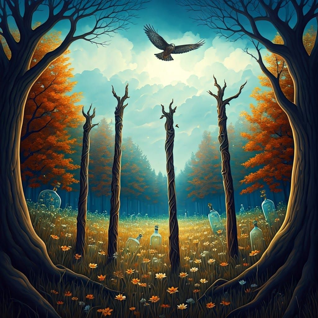 Maximalist Mystical Scene with Ornate Staves and Autumn Fore...