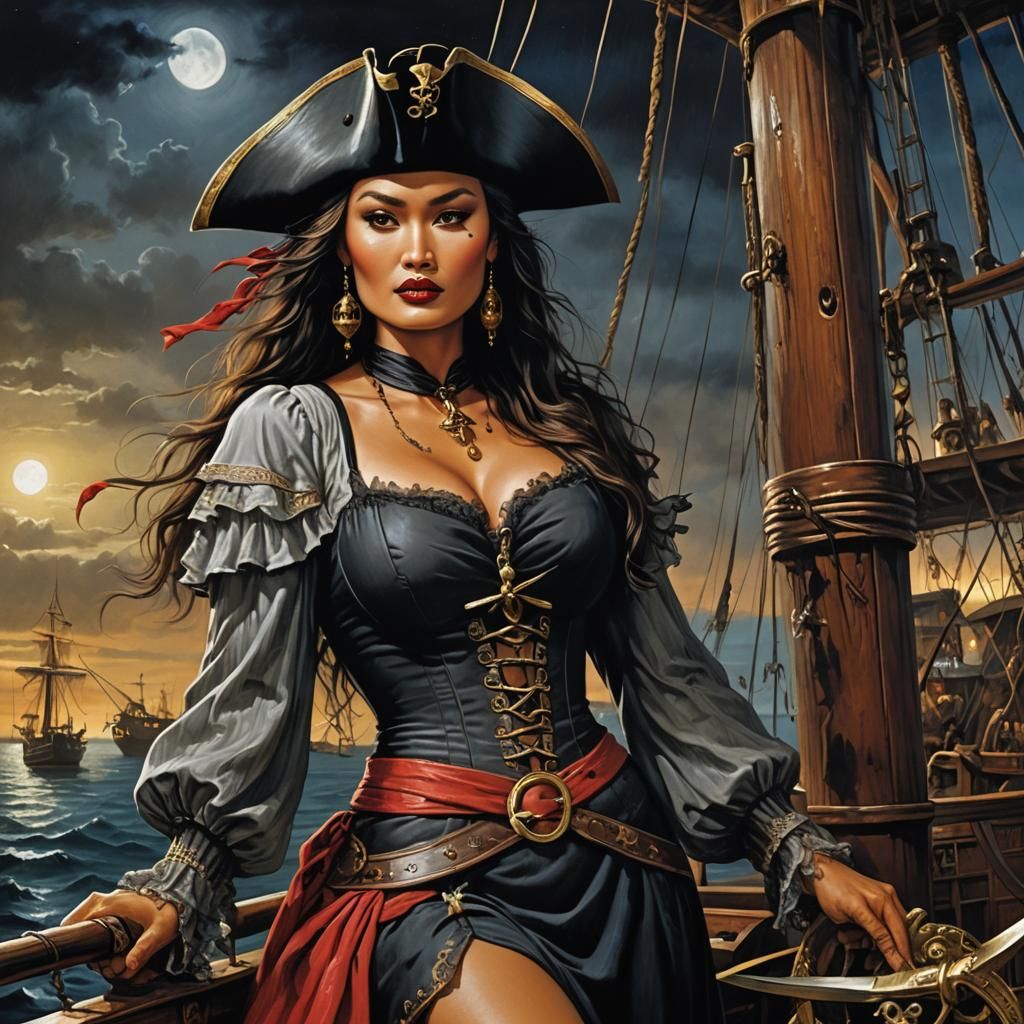 Pirate Queen on Deck in Moonlight, Horror Art
