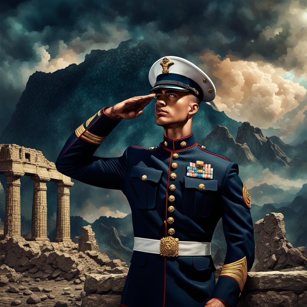Marine Saluting in a Stormy, Fantastical Landscape