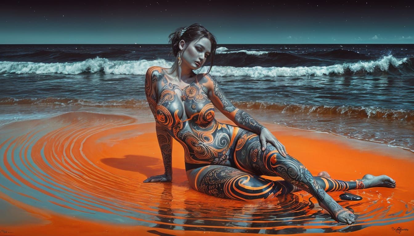 Cyberpunk Goddess Unfurls on Twilight Beach