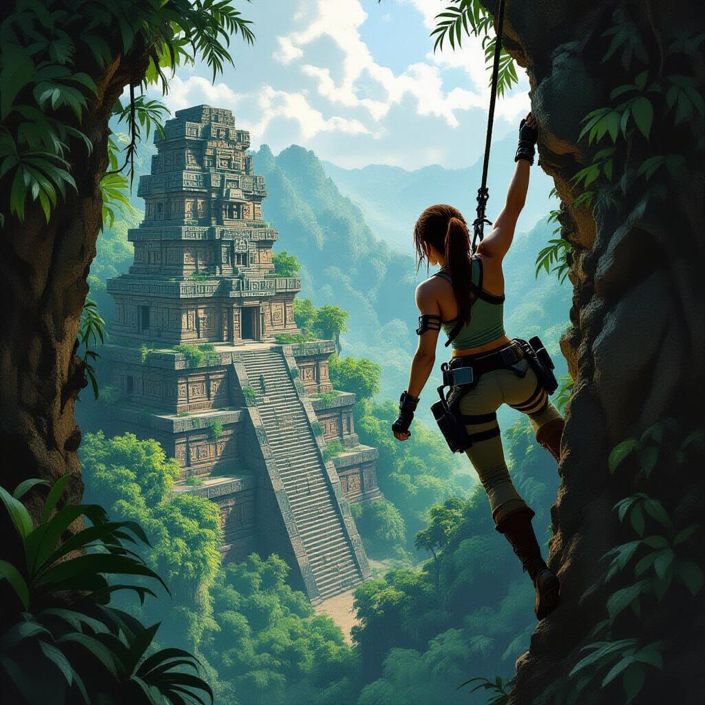 Lara Croft and Mayan Temple Cliffside View