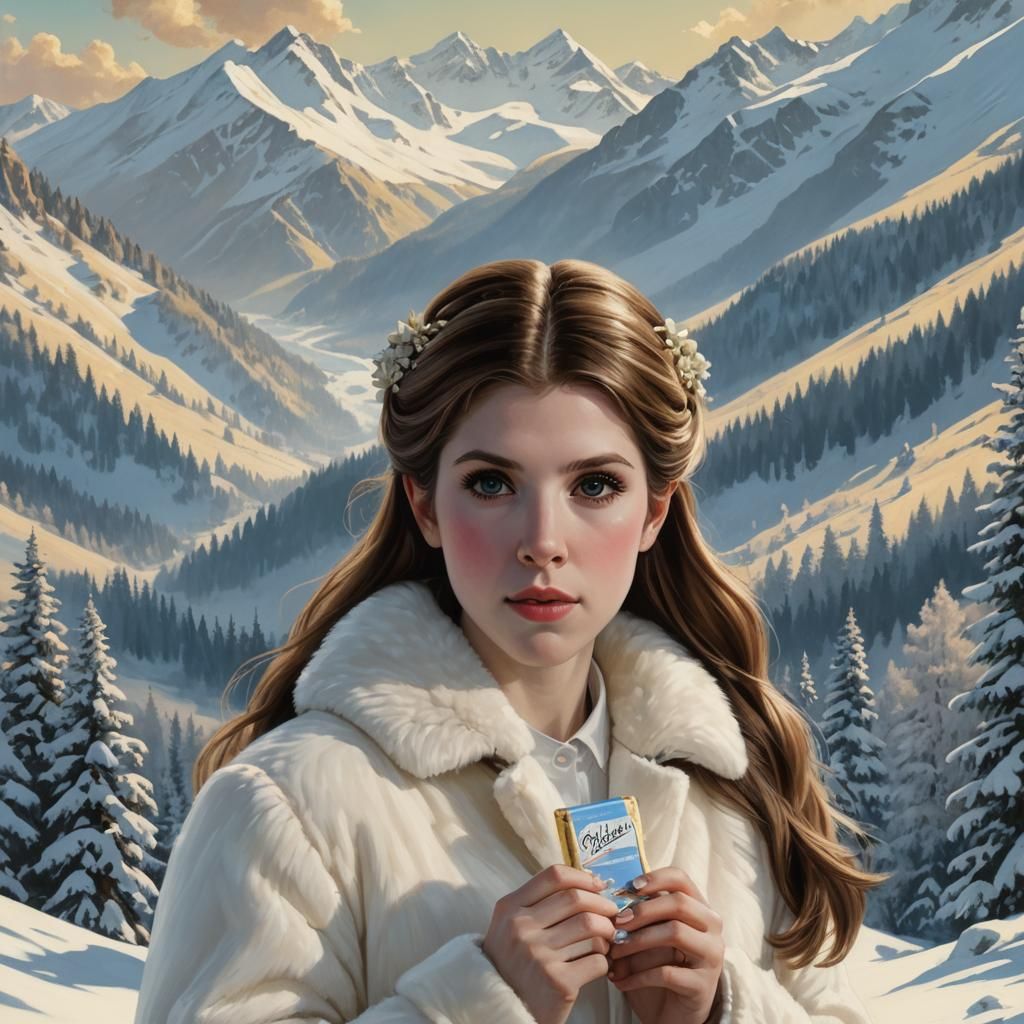 Anna Kendrick in Winter Landscape as Parrish-Style Portrait