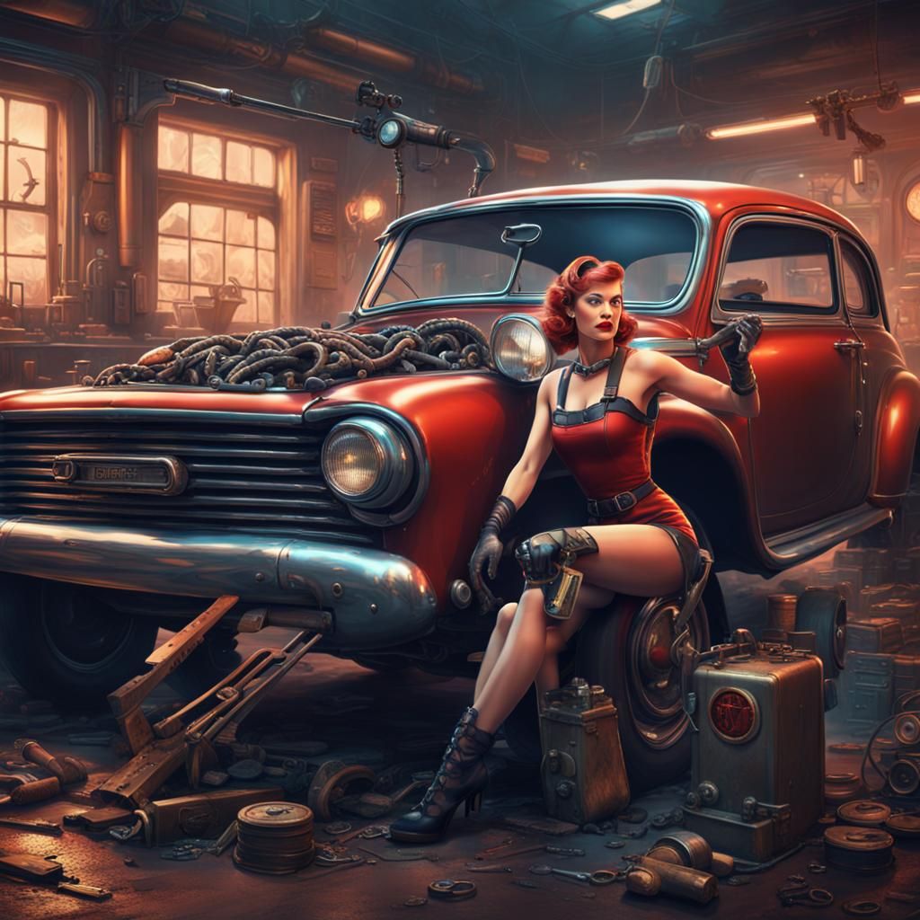 Pinup girl with cyber car