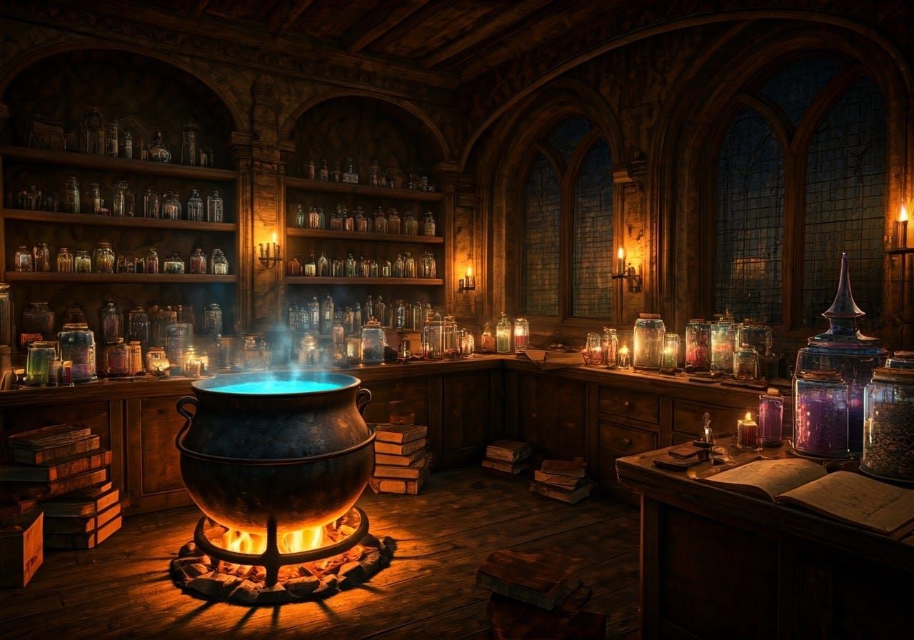 Mystical Apothecary Study in Cozy Cottagecore Style