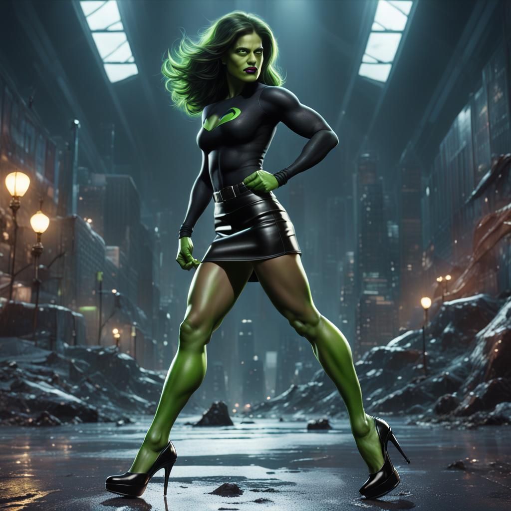 She-Hulk in black miniskirt and black high heels