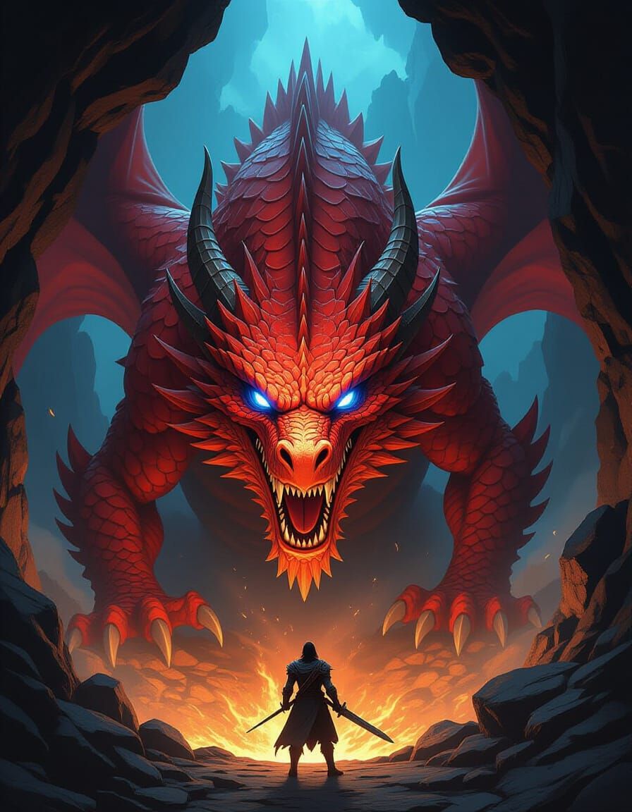 Red Dragon Emerges From Cave Facing Warrior