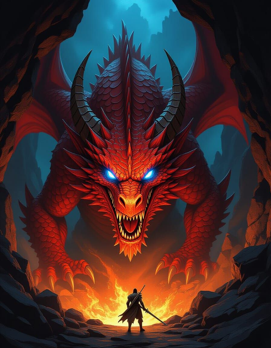 Menacing Red Dragon Emerges From Dark Cave With Warrior