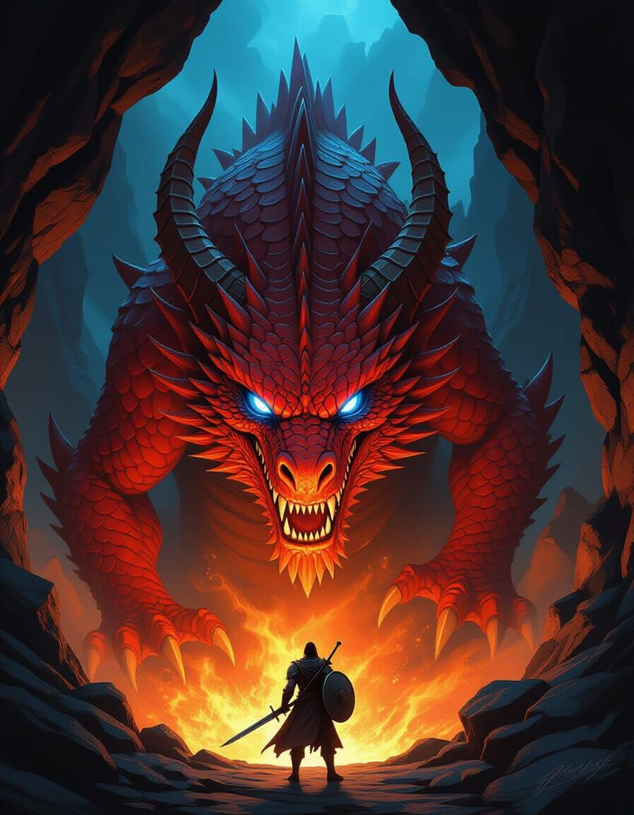 Menacing Red Dragon Emerges From Dark Cave, Warrior Stands D...