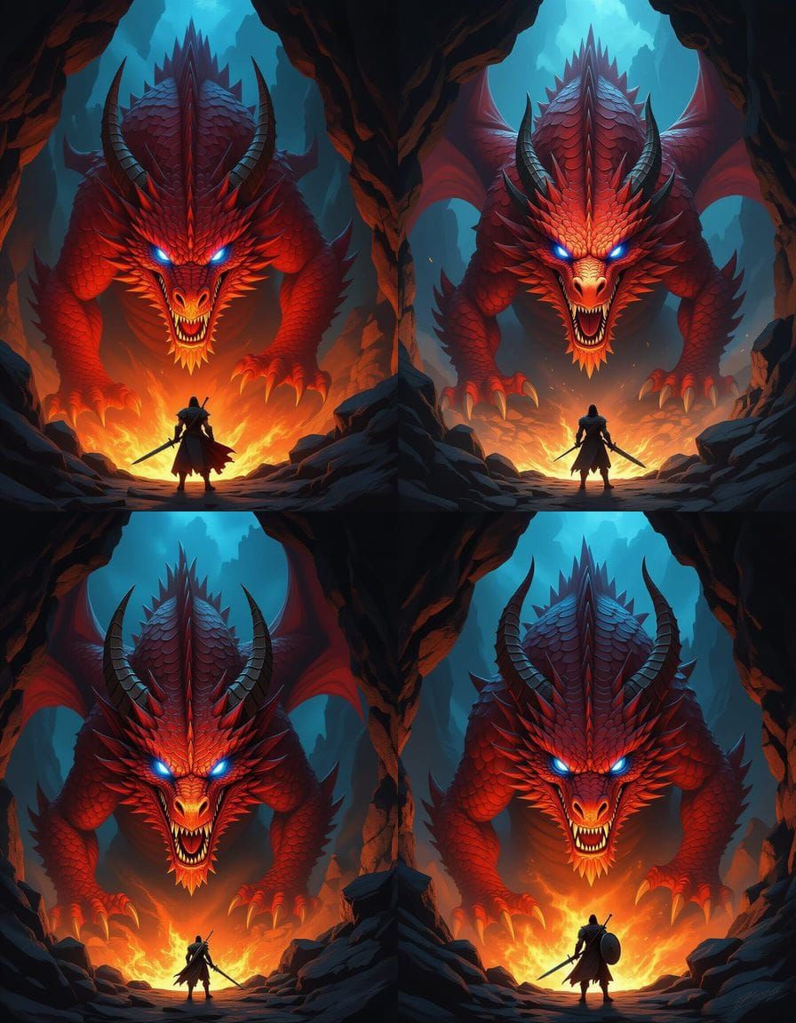 Red Dragon Emerging From Cave, Warrior Defends