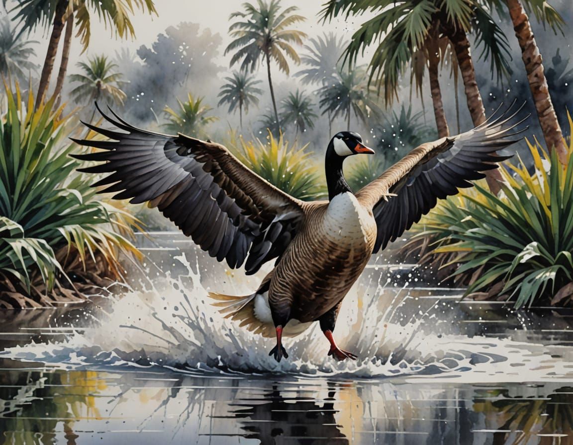 Energetic Watercolor Goose in Action Painting Style