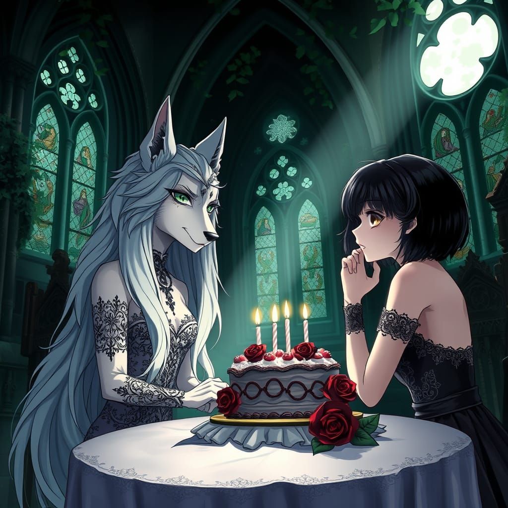 Gothic Wolf-Woman Celebrates Birthday in Cathedral