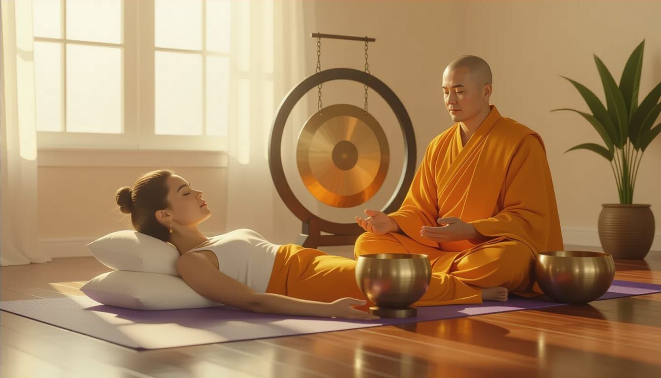 Woman Meditating with Monk Playing Gongs and Crystal Bowls
