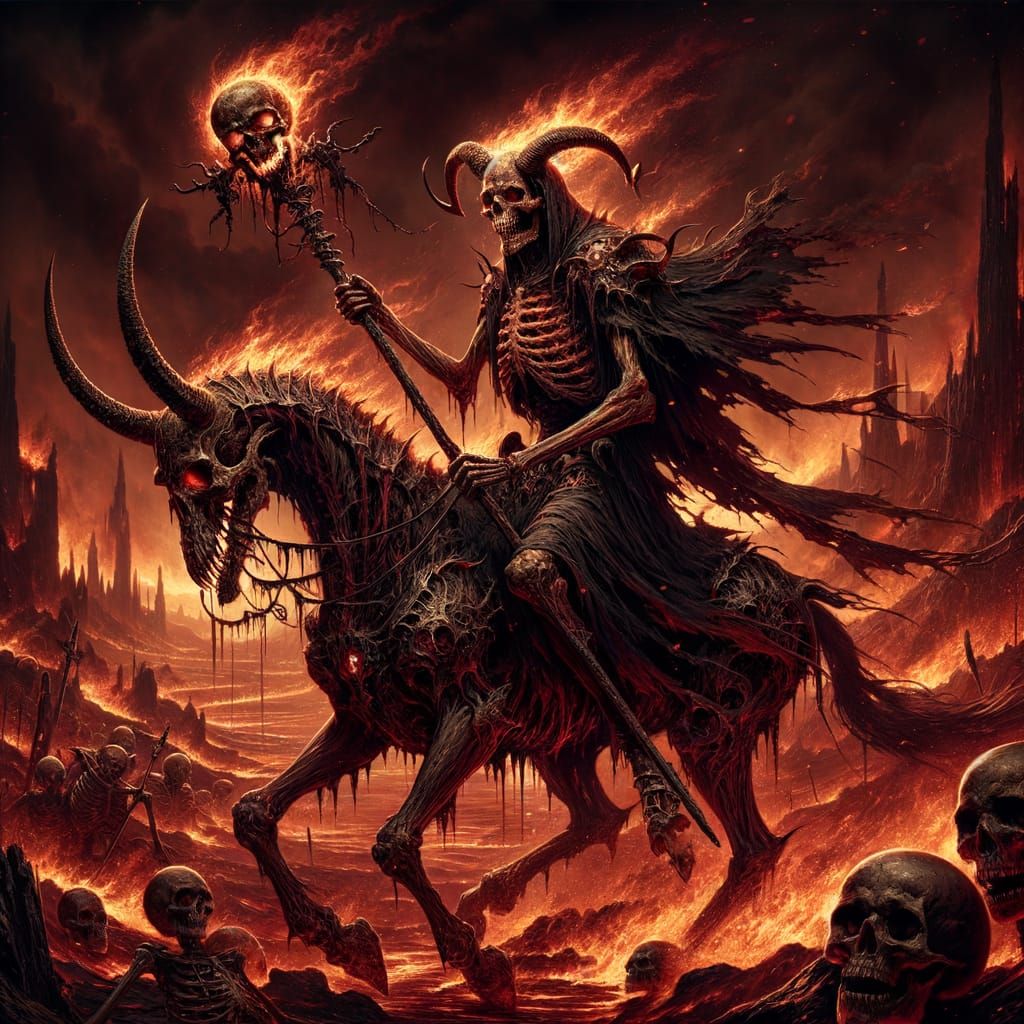 Demonic Necromancer in Fiery Hellscape, Fantasy Art