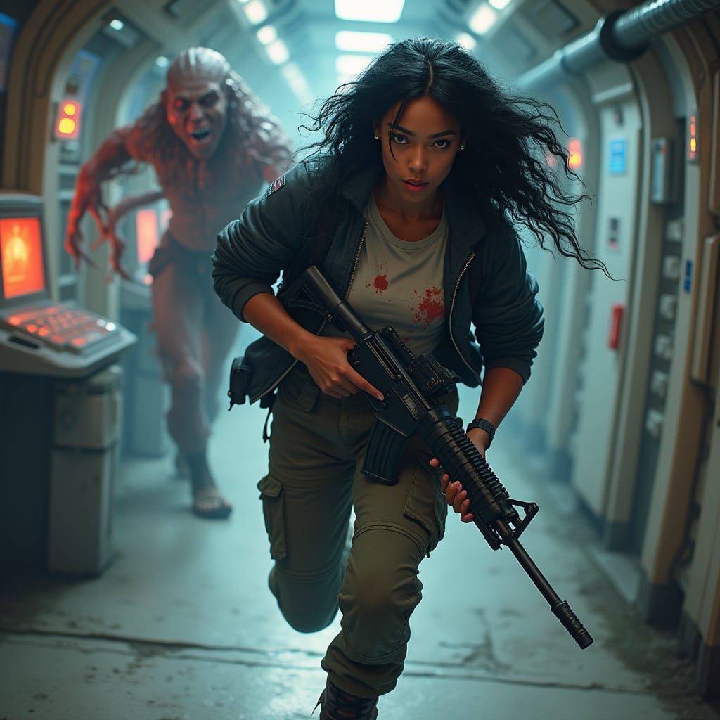 Woman Running from Creature in Spaceship Corridor