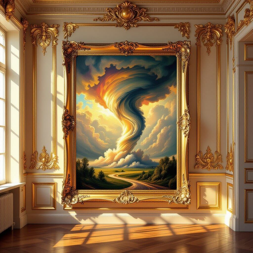 Baroque Impressionist Painting of a Tornado in a Golden Room