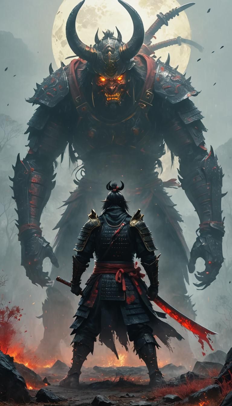 Samurai Confronts Oni Demon in Dark Fantasy Art