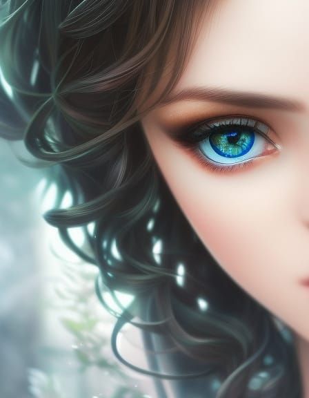 Detailed Portrait of Curly Girl with Green Eyes