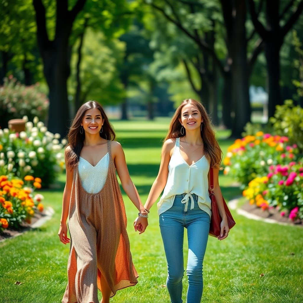 Two Women Stroll Through Sunny Park in High Resolution