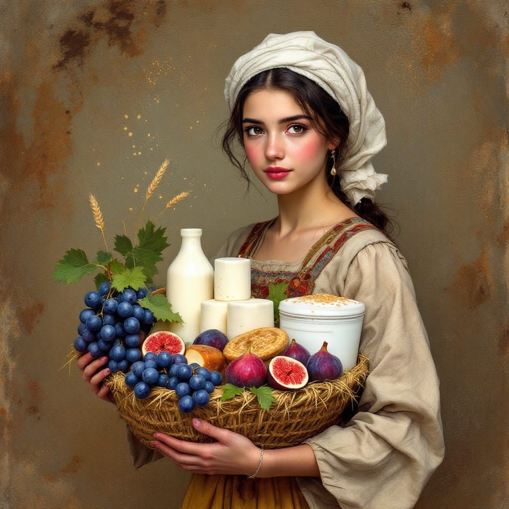 Young Girl in Traditional Attire Holds a Basket of Fresh Pro...