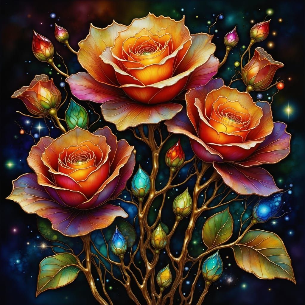 Ethereal Gold Roses in a Velvet Black Universe