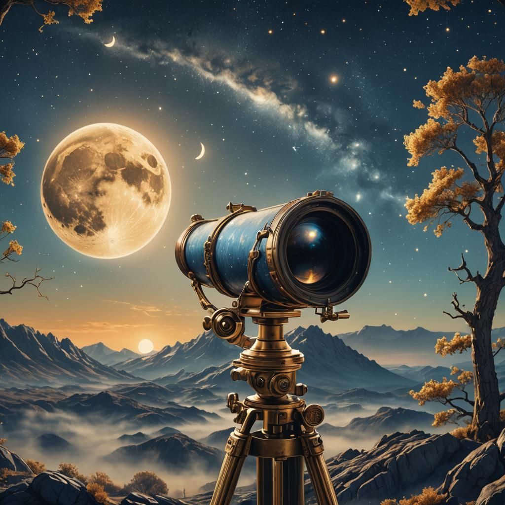 Ascending Moon Through Telescope: Watercolor Concept Art