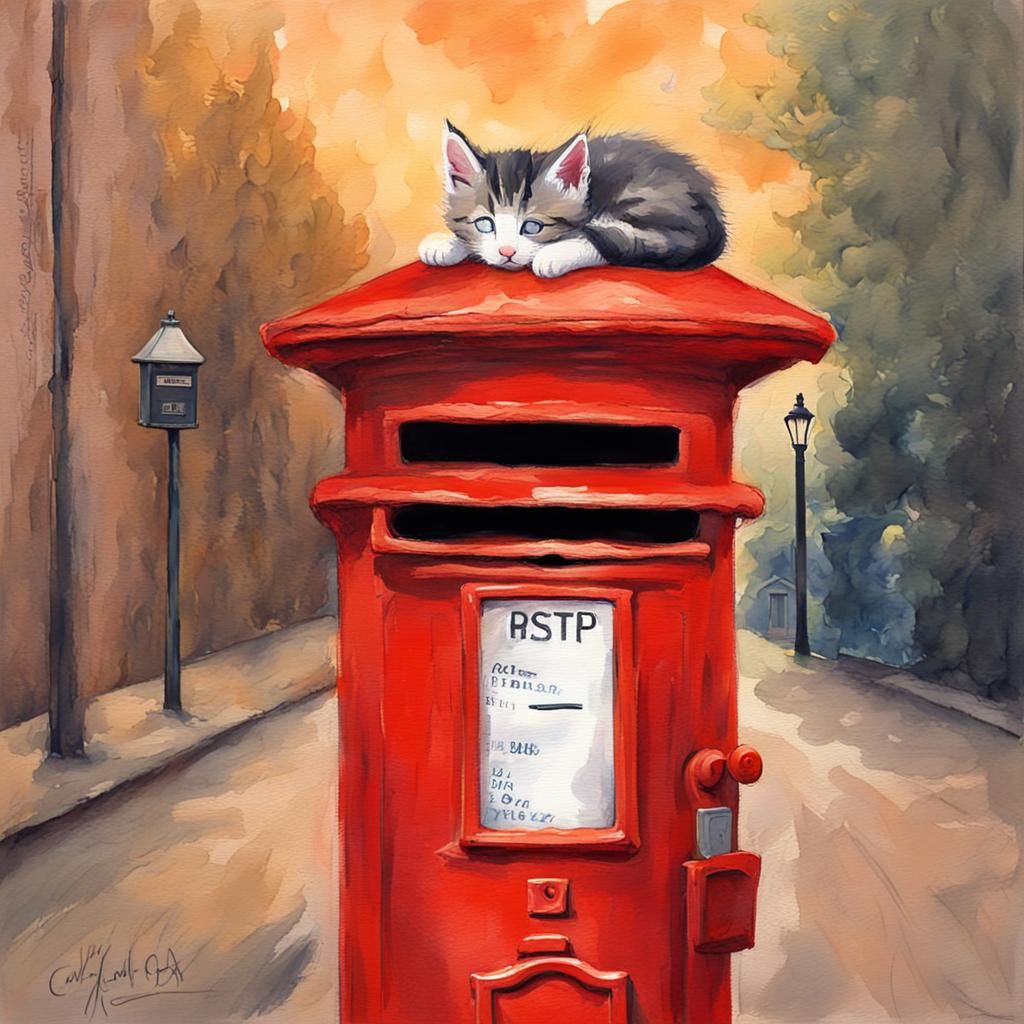 Kitten Nap on British Postbox in Gouache Style