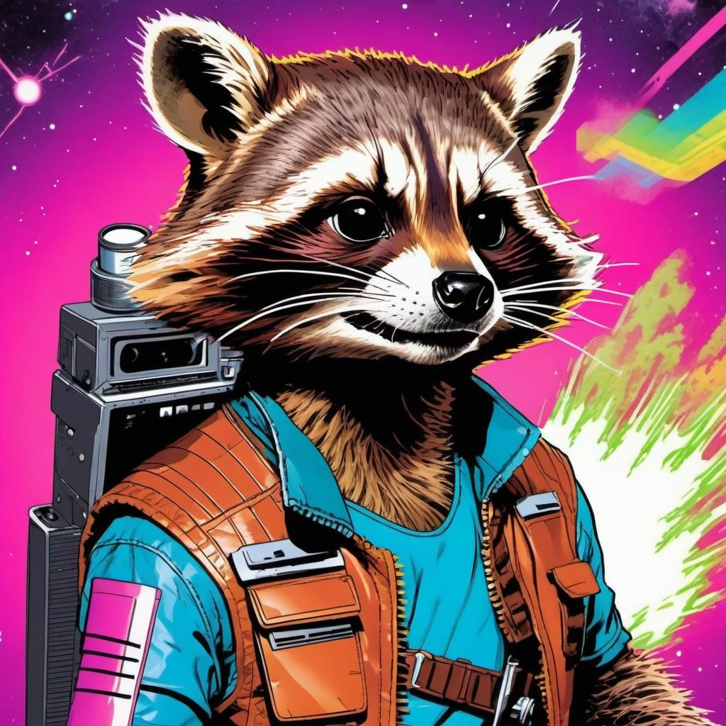 Rocket Raccoon in Vaporwave Comic Style