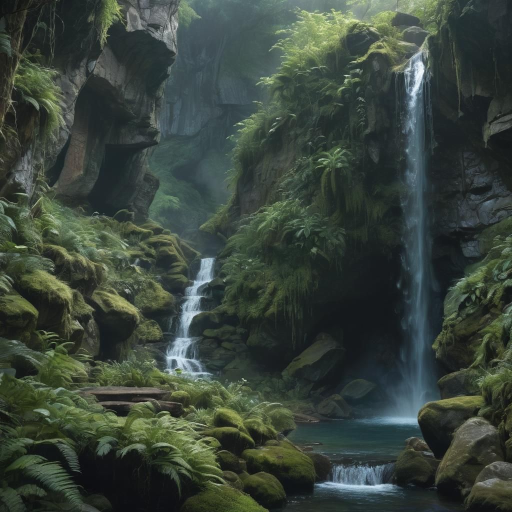 Lush Waterfall in Enchanted Forest: Vibrant Oil Painting