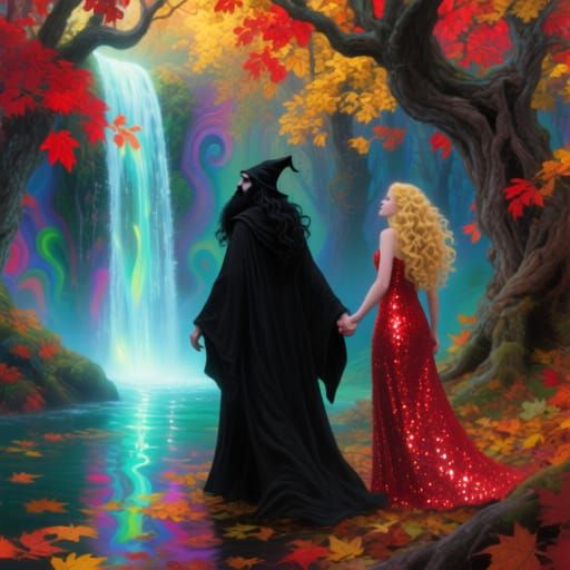 Magical Forest Waterfall with Glowing Water and Autumn Hues