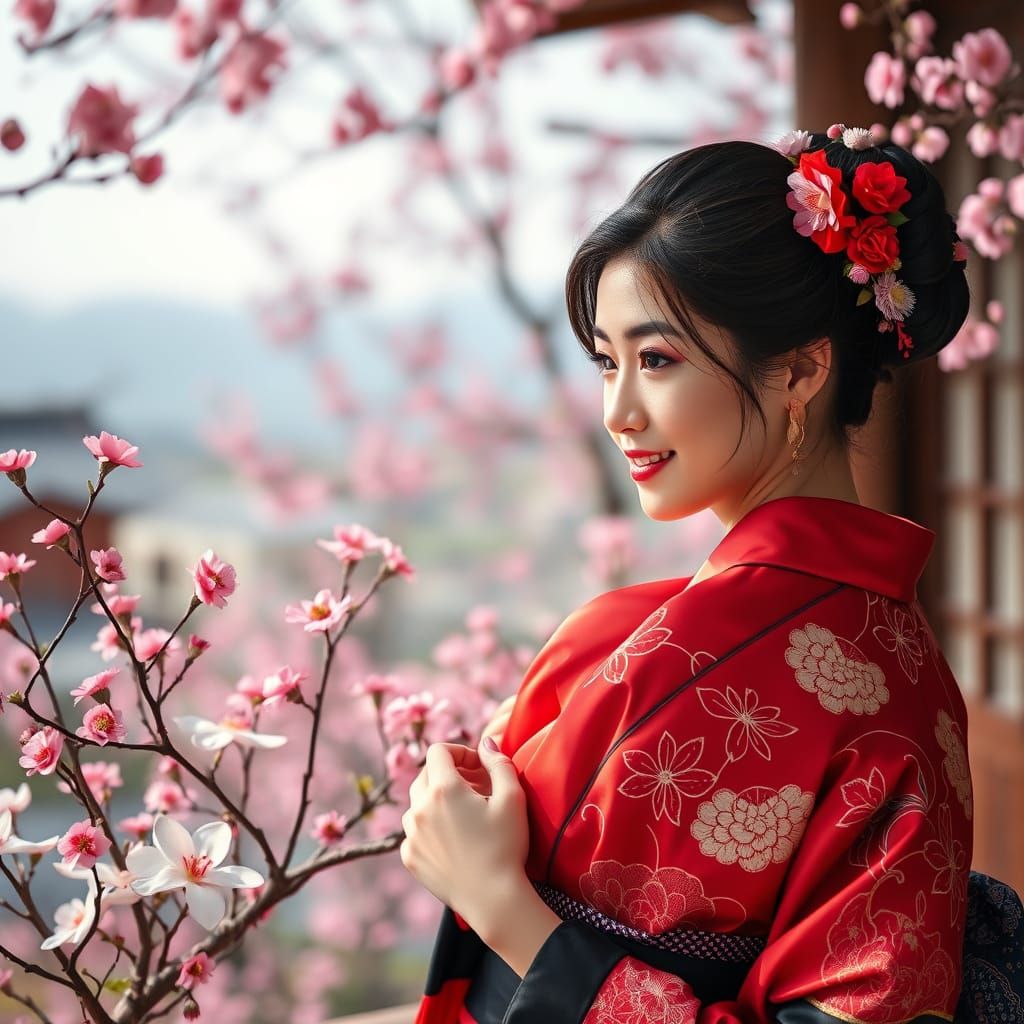Asian Woman in Red and Black Kimono Surrounded by Cherry Blo...