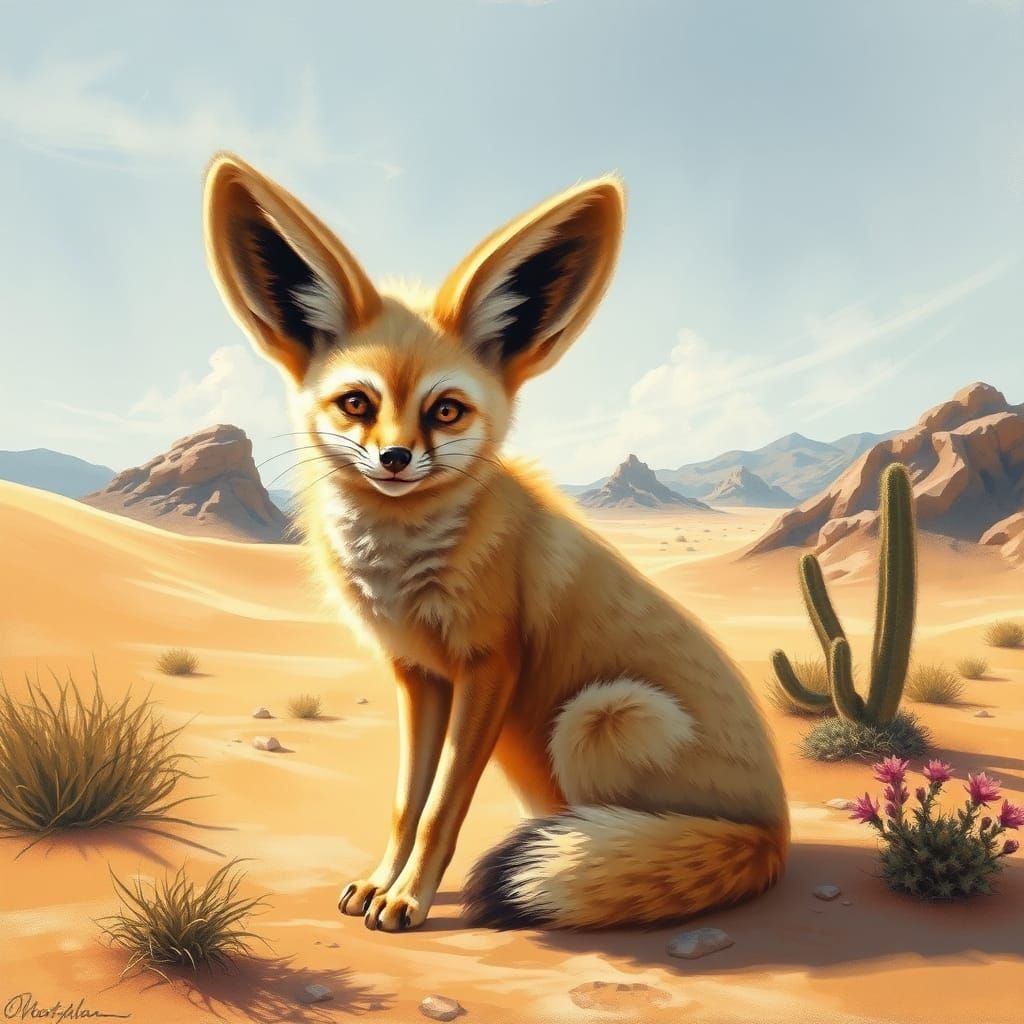 Fennec Fox in Desert Landscape, Oil Painting Style